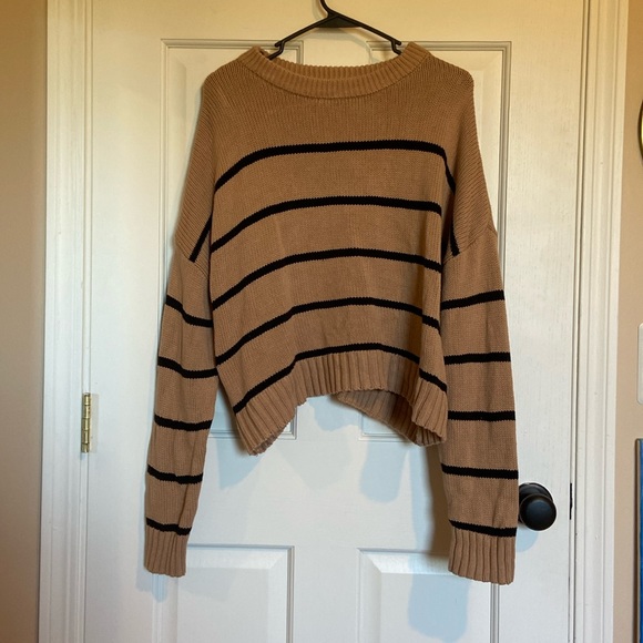 Tan and Black Striped Cropped Sweater - Picture 1 of 2